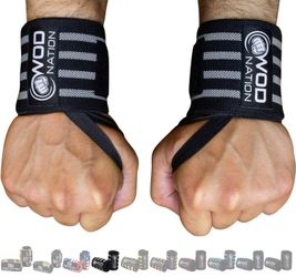 WOD Nation Wrist Wraps - 12-Inch, Black & Grey - Gym Wrist Straps & Lifting Straps for Strength Training & Weightlifting Support, Thumb Loop & Hook & 