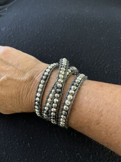 Leather Rope And Silver Beaded Wrap Bracelet