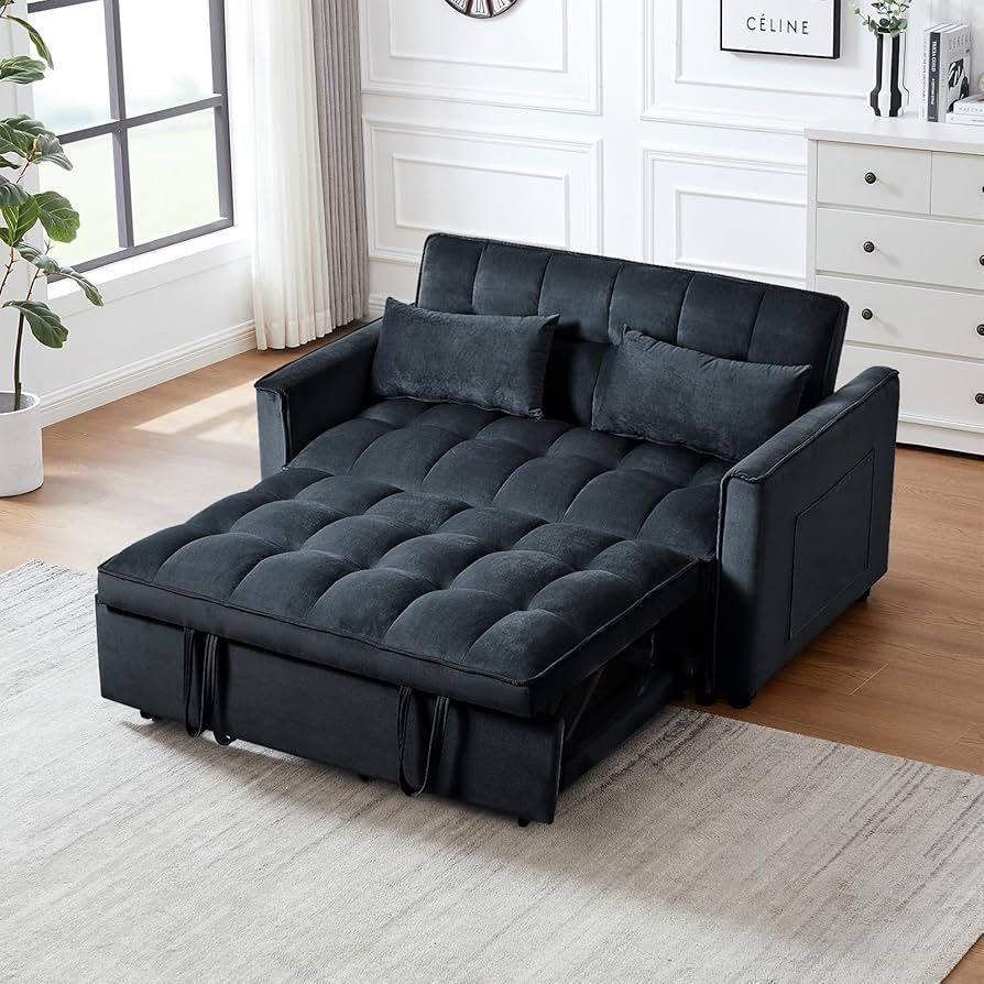 Modern Convertible Sofa Bed with Storage Features and Sleek Black Velvet Finish