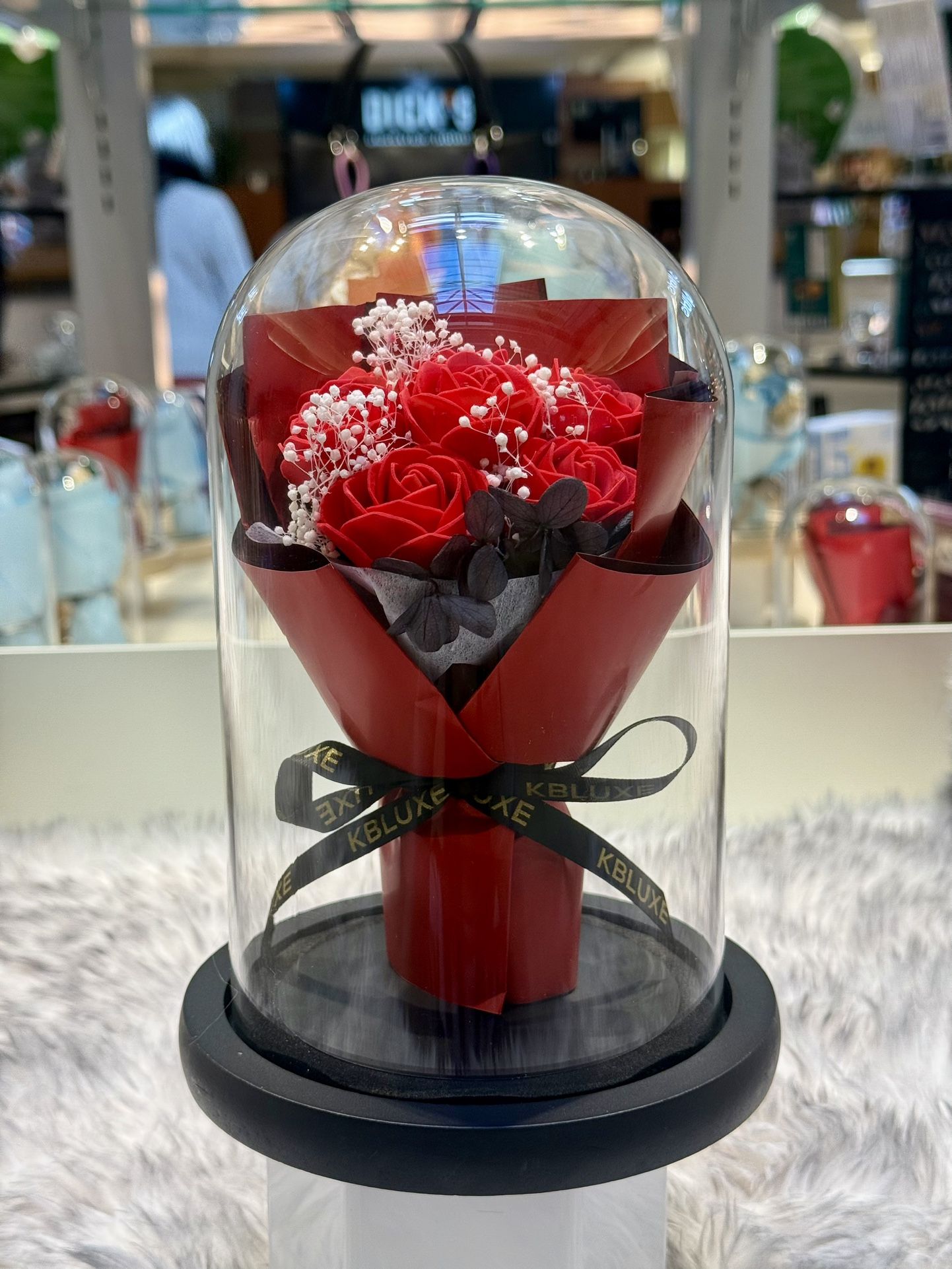 Red Preserved Soap Flower Bouquet In Glass Bottle