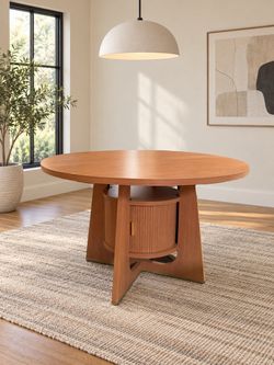 Modern Round Dining Table with Built-In Storage – Wood & Gold Accent
