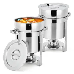 11QT Commercial-Grade Soup Chafer Set of 2 Stainless Steel Round Food Warmers with Pots Notched Lids and Fuel Holders Commercial Buffet Equipment for