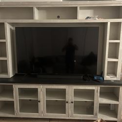 Only 9 left in stock! Dixon White 97" 2 Piece Farmhouse Entertainment Center With Glass Doors | Oak