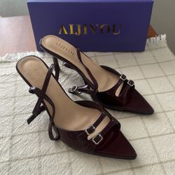Size 9 Womens Kitten Heels Sandals Pointed Toe Double Buckle Strap Ankle Strap Heeled Sandals Strappy Party Dress Shoes