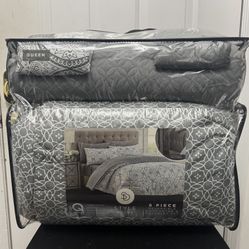 NEW - Gray Queen Style Decor 6 Piece Reversible Comforter & Coverlet Set 