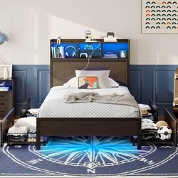 Twin Bed Frame with Storage Headboard, Metal Platform Bed with Charging Station, LED Bed Frame with 4 Drawers