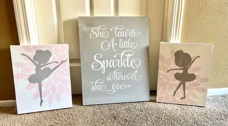 Girl nursery or room pink and gray ballerina 4 piece wall decor and hamper