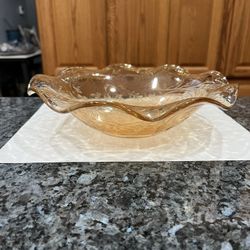 Vintage Depression glass Light Marigold Iridescent Carnival Glass Dish.  With a floral design, pattern scalloped /  Ruffle top around the edges.  