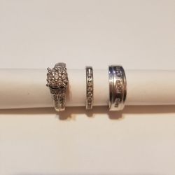 14 karat white gold and diamond 3 piece ring set engagement husband and wife marriage ring