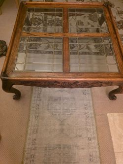 Wood coffee table with lead glass inserts