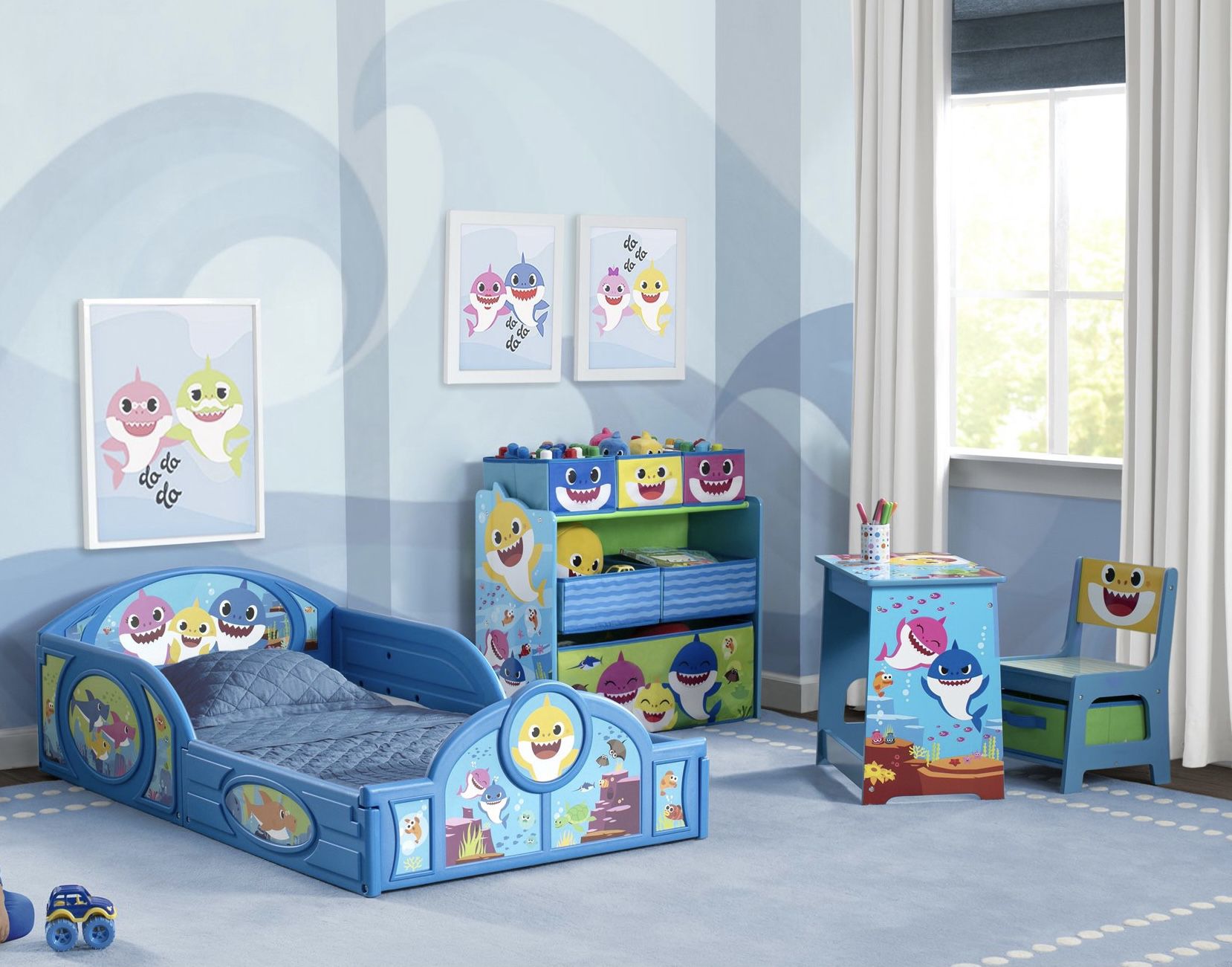 Brand New Baby Shark Full Bed Room Set Kid Toddler Bed Desk Chair Toy Organizer Bin