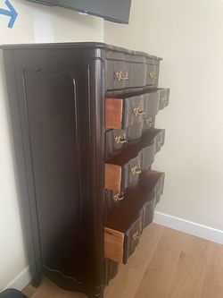 Vintage Tall Dark Wood Dresser/ Chest of Drawers- 7 Drawers, French Provincial Style.