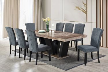 Dining Set 9pcs Color Antique Oak With Grey 