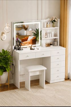 White Vanity Table with LED Lighted Mirror and Storage Drawers