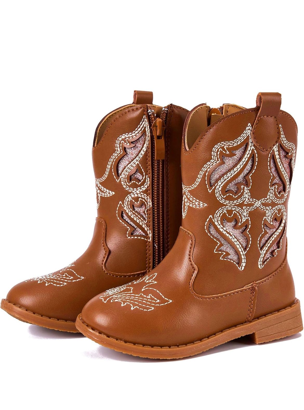 Newsonet Toddler Girls Cowboy Cowgirl Boots Round Toe Western Boots Mid Calf Side Zipper Riding Shoes for All Seasons Spring Summer Winter Fall