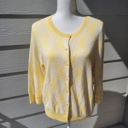 Talbots Petite Yellow-White Argyle Cardigan Sweater 3/4 Sleeve Size Lp