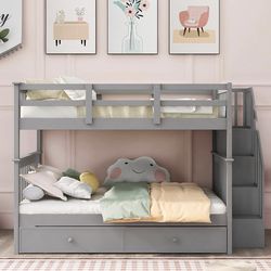 Grey Full Over Full Bunk Bed with Twin Trundle