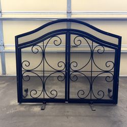 2 Door Iron Fireplace Screen, Mesh Design, Scrollwork, Black