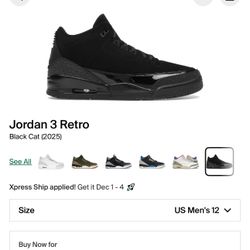 Jordan 3 Black Cat | Size 12
