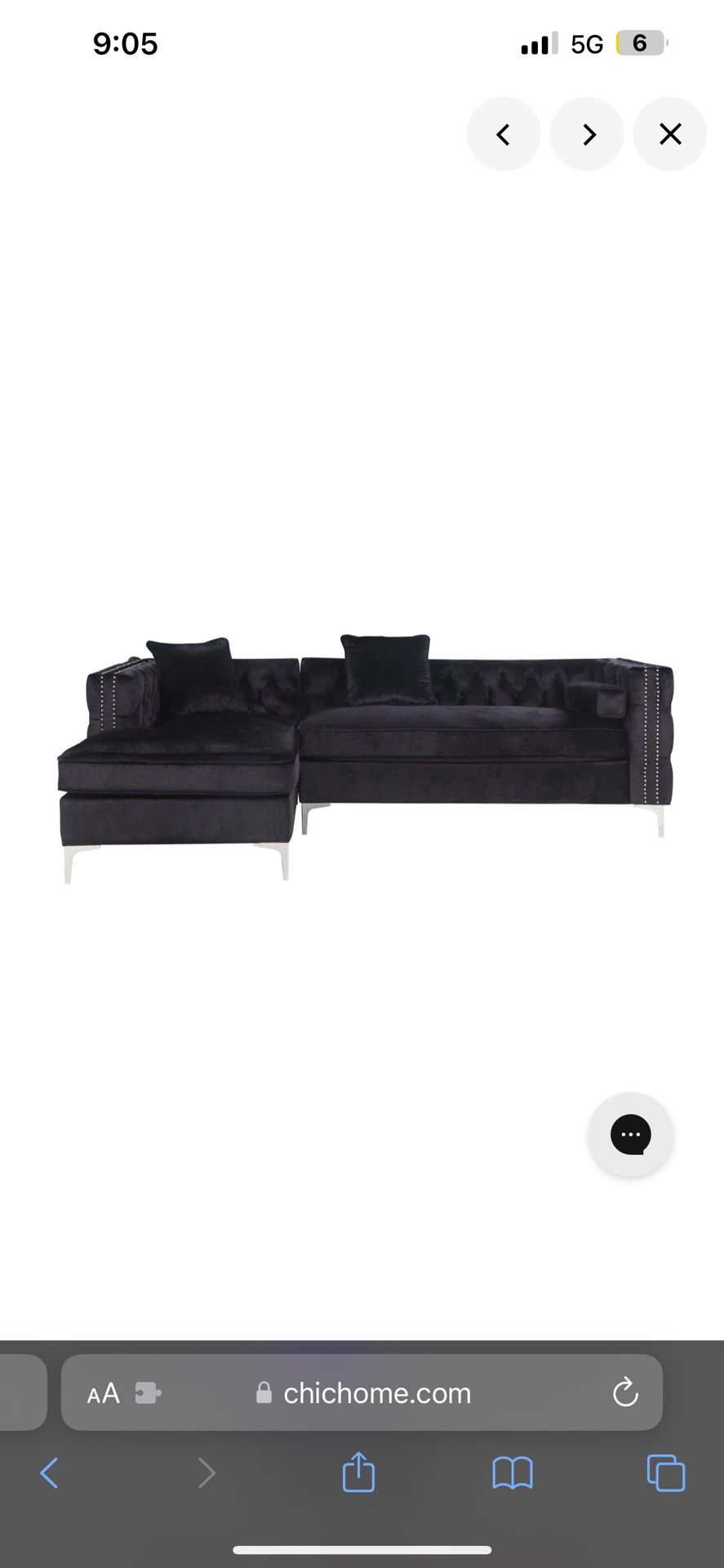 Black Velvet Tuffed Sectional Couch 