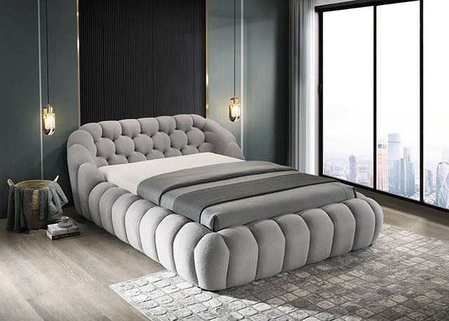 MODERN GRAY CHENILLE FABRIC QUEEN KING SIZE BED FRAME PLATFORM STYLE CAMA GRIS ITALIAN DESIGN MODA ITALIANA
