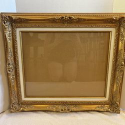 Large VTG Ornate Gold Gilt Carved Wood Frame With Canvas  Matte, Wood Insert And Glass/Dusty/1 Tiny Chip