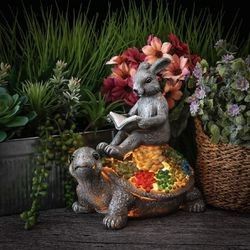 Brand New Garden Statue, Rabbit Sitting on Tortoise Reading Book Figurine with Solar Lights, Polyresin Garden Figurines for Outdoor Decoration (Outdoo