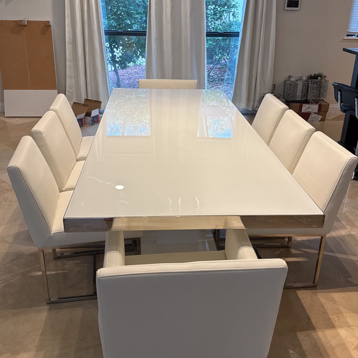 GORGEOUS Frosted Glass/Stainless steal 94" Rectangular Table And 8 Chairs