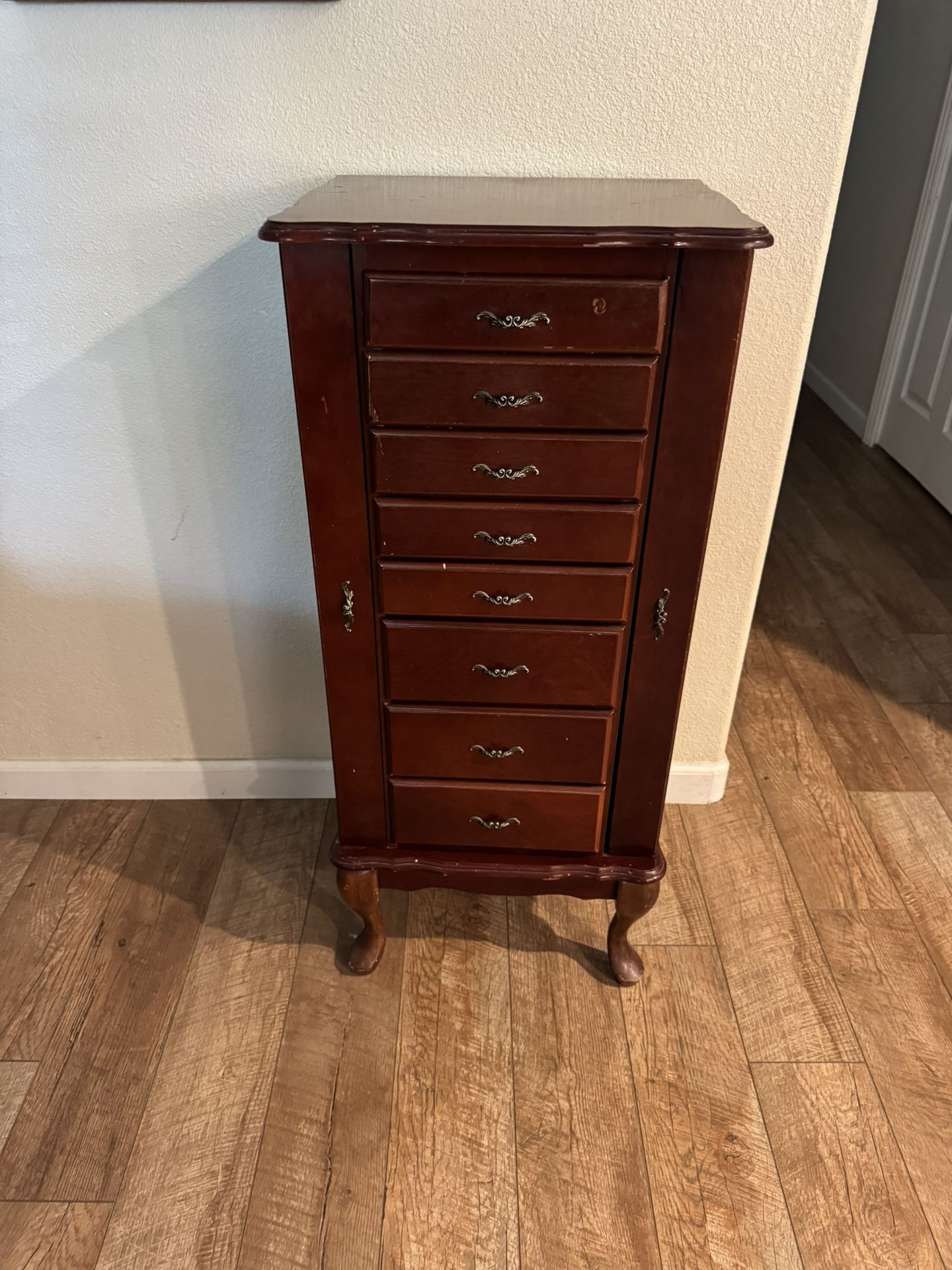 Antique Wooden Floor Standing Jewelry Armoire with Cubbies, Mirrored Lid, 8 Drawers, and Wing-Open Sides