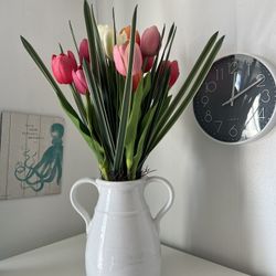 Faux 23 Tulip Arrangement In White Vase Artificial Flowers Home Decoration