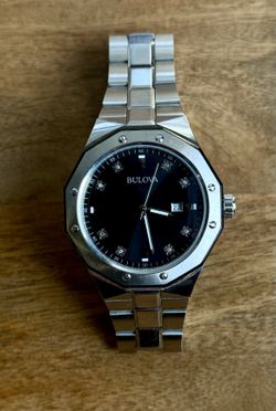 Bulova Marine Star 98D103 Mens Black Diamond Dial Stainless Steel Watch Used