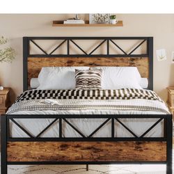 Rustic Oak Queen Size Metal Bed Frame 