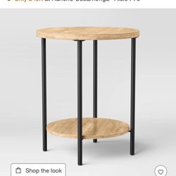 Set Of Two  Wood and Metal Small Round End Table Natural Finish