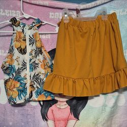Girls Tropical Top and Mustard Skirt Set