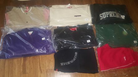 Supreme motion logo denim varsity jacket connect contrast small box logo crewneck water arc spitfire hooded piping track sweat pant