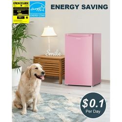 Mini Fridge with Freezer, 3.2 Cu.Ft Small Refrigerator Single Door Compact Refrigerator for Dorm Office, Adjustable Thermostat, Low Noise, BR321 Pink