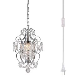 RAYMALUX Plug In Chandelier Hanging Lignt Fixture With 14.3 FT Cord And ON/Off Switch,Mini Chrome Crystal Light Fixture For Bedroom,Living Room,Dining