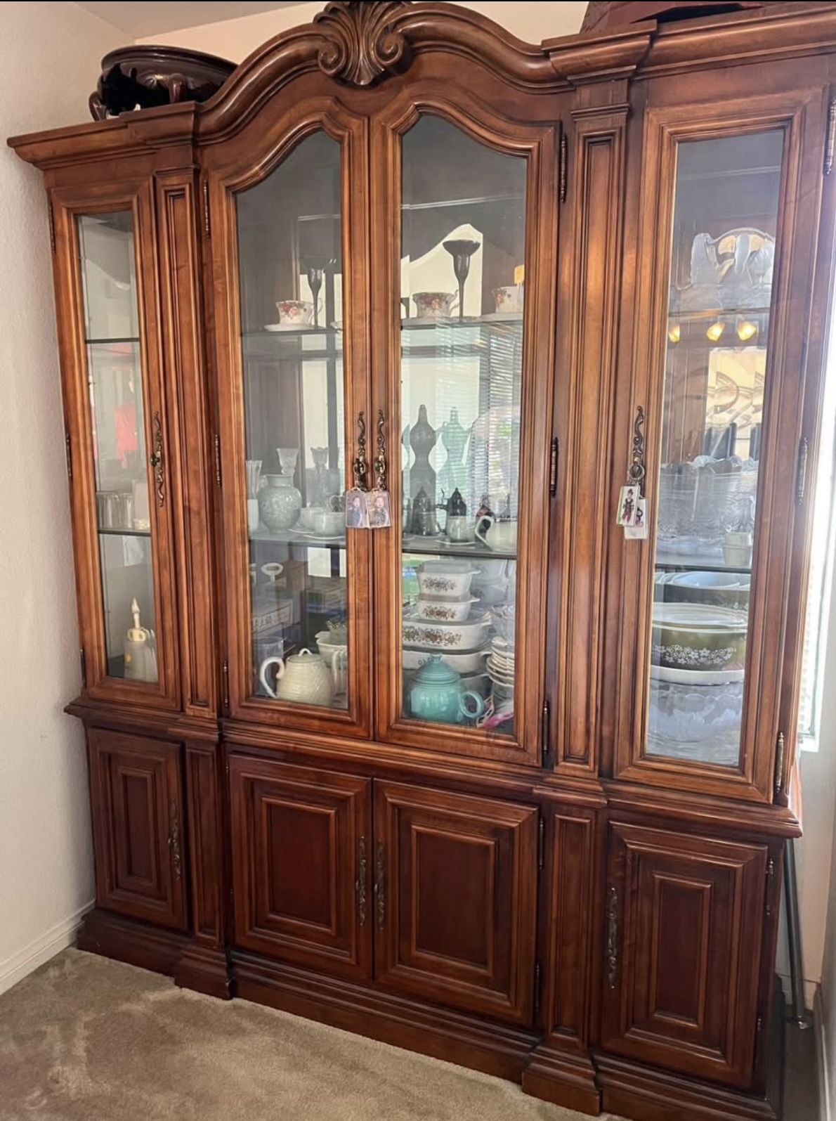 Antique China cabinet with hutch and built in lights