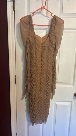 Fashion Nova Nude/Taupe Ruched Mesh Maxi Dress – Large