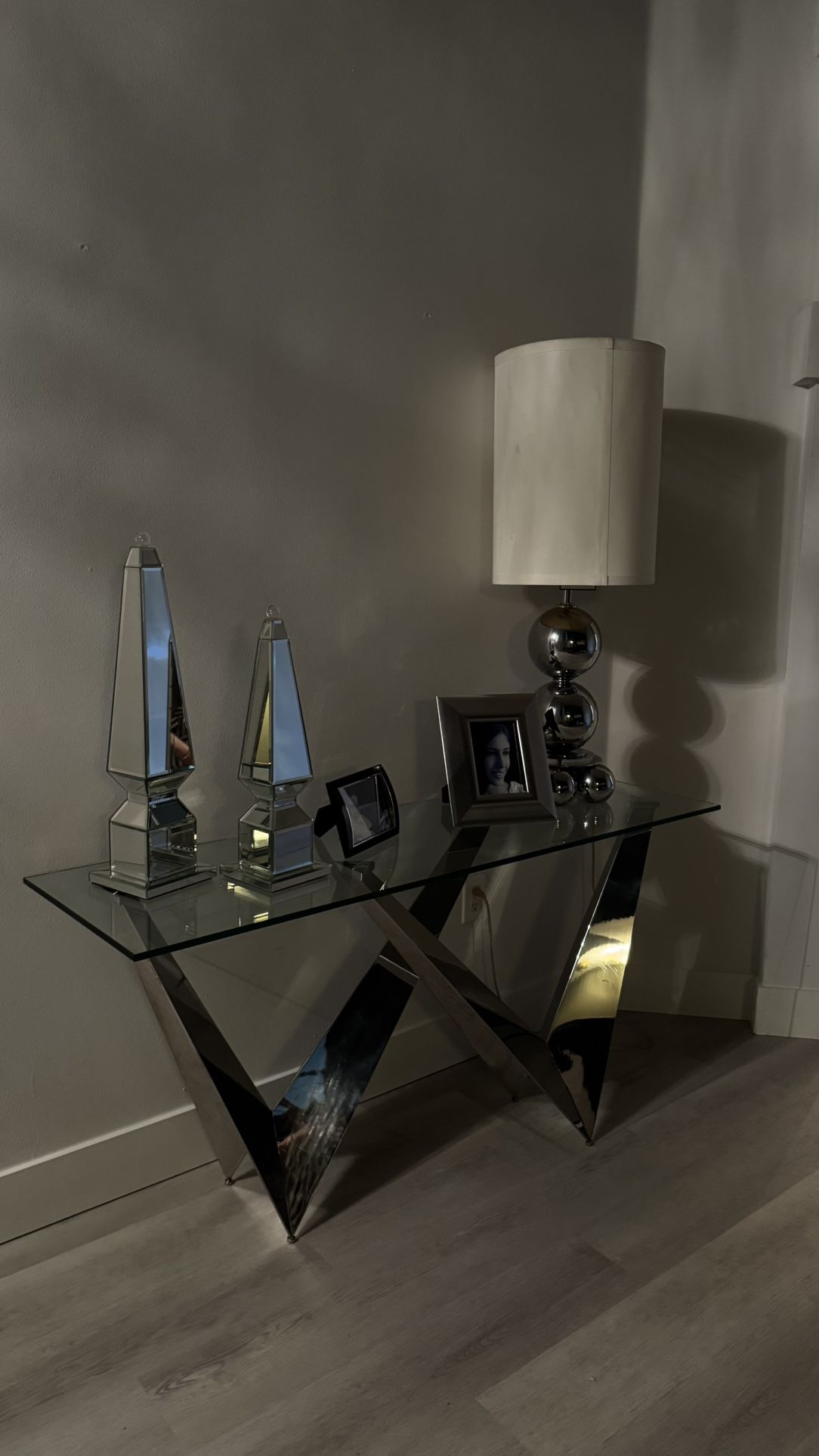 Modern Mirrored X-Base Console Table with Glass Top