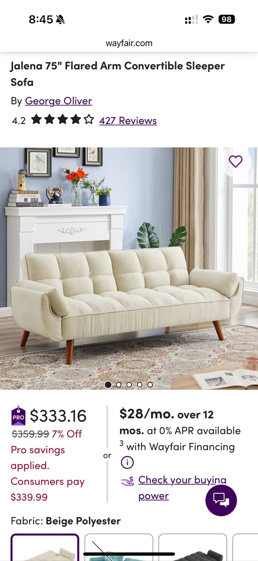 Brand new still in box 75" Flared Arm Convertible Sleeper Sofa