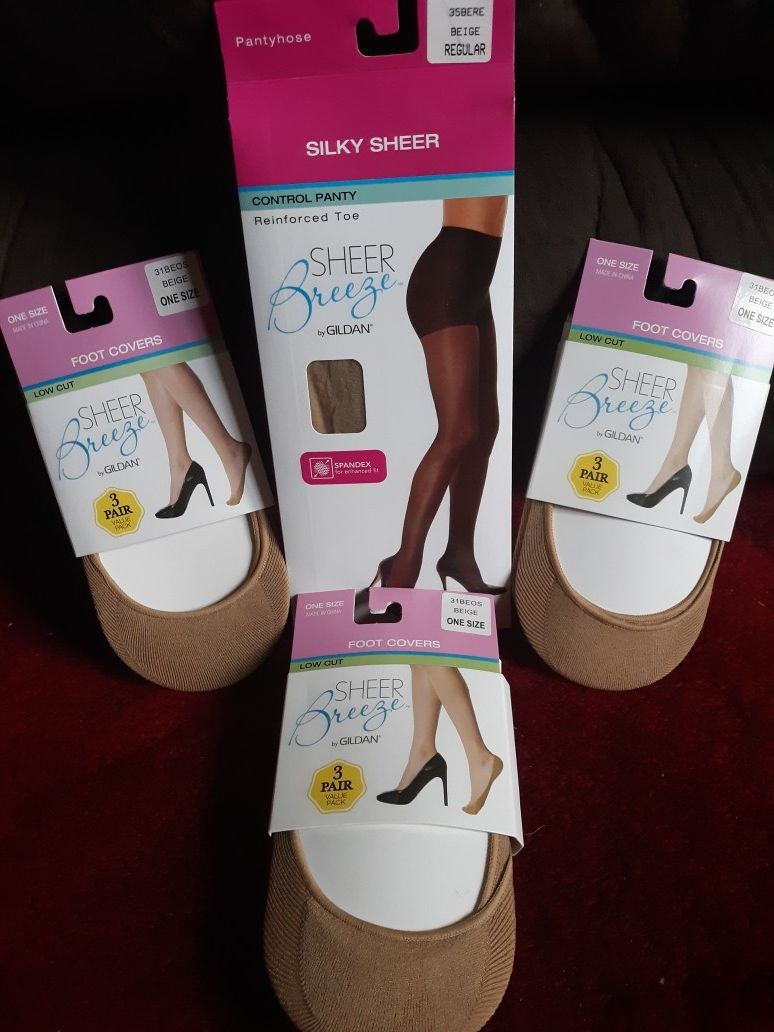 New! 1 pack of sheer beige pantyhose! 3 packs of foot covers!