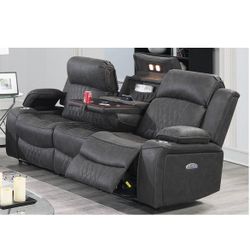 Power Recliner Sofa With Cup Holders USB Ports Overhead Lighting Charcoal Leatherette Fabric Brand New In Box Firm Price $999