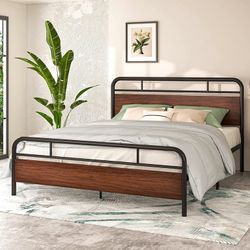 Heavy Duty Queen Size Metal Bed Frame with Wood Headboard, 12" Under Bed Storage
