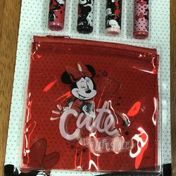Minnie mouse lip balm set - New beauty, Four Lip balms & red plastic “cute is a lifestyle” holder