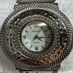 Embassy Gruen Watch Women 39mm Silver Tone Hammered Metal Cuff Bracelet