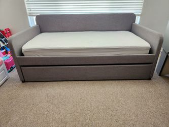 gray upholstered daybed with pull-out trundle bed, includes (1) twin xl mattress