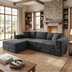 103" Boneless Couches for Living Room with 2 Cup Holders,L Shaped Modular Sectional Sofa Set,No Assembly Needed Plush Corduroy Living Room Set,Dark Gr