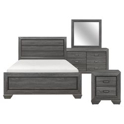 Brand new gray queen bedframe (box spring required) + dresser + mirror + nightstand