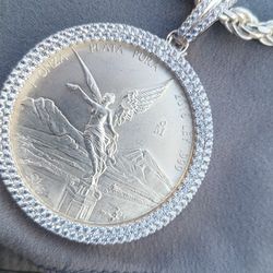 Pure Silver Centenario With Solid Silver Bezel And Solid Silver Rope Chain